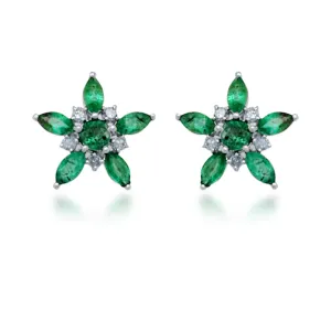 10K Gold Diamond and Emerald Flower Stud Earrings