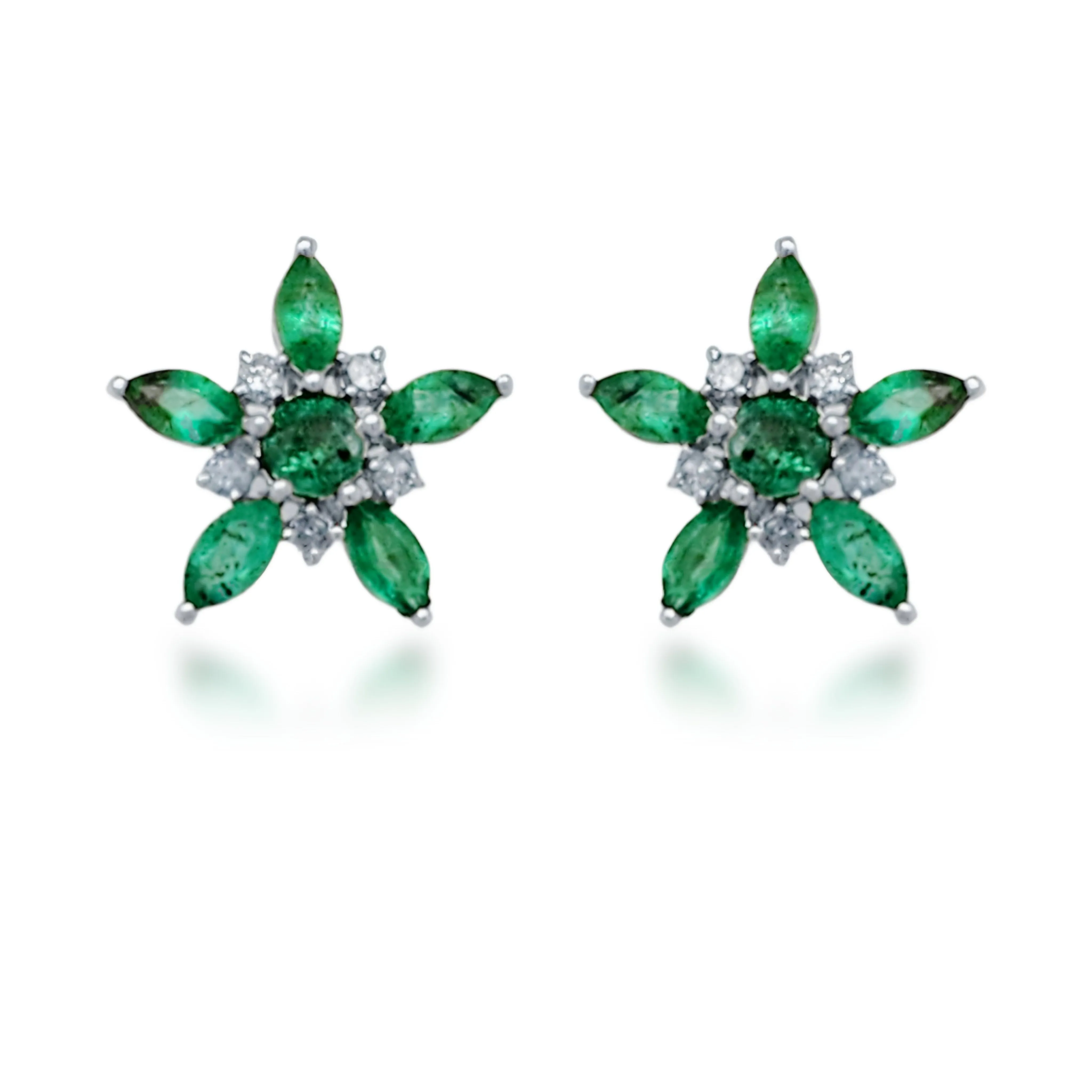 10K Gold Diamond and Emerald Flower Stud Earrings