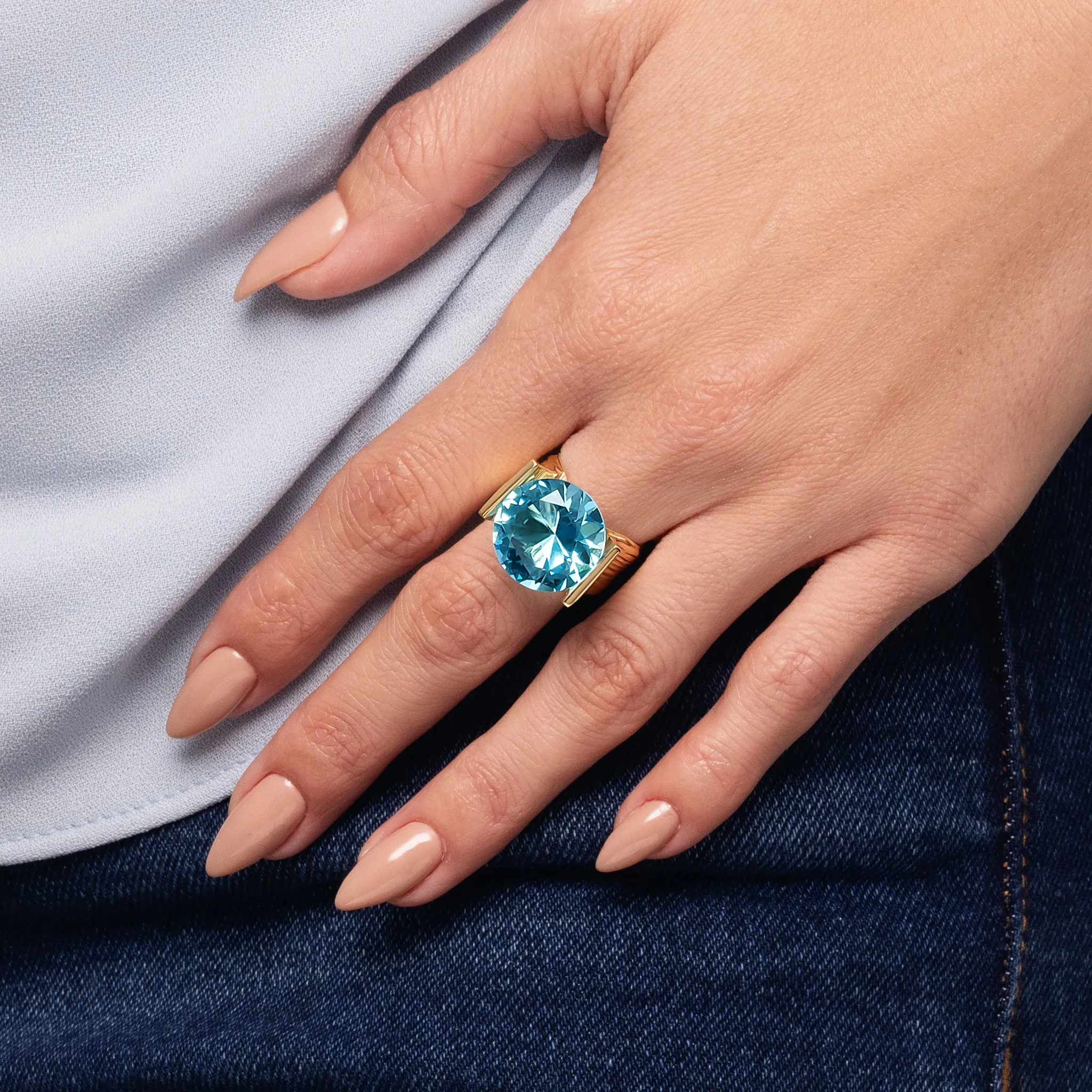 14K Gold Over Sterling Silver Aquamarine CZ Ring