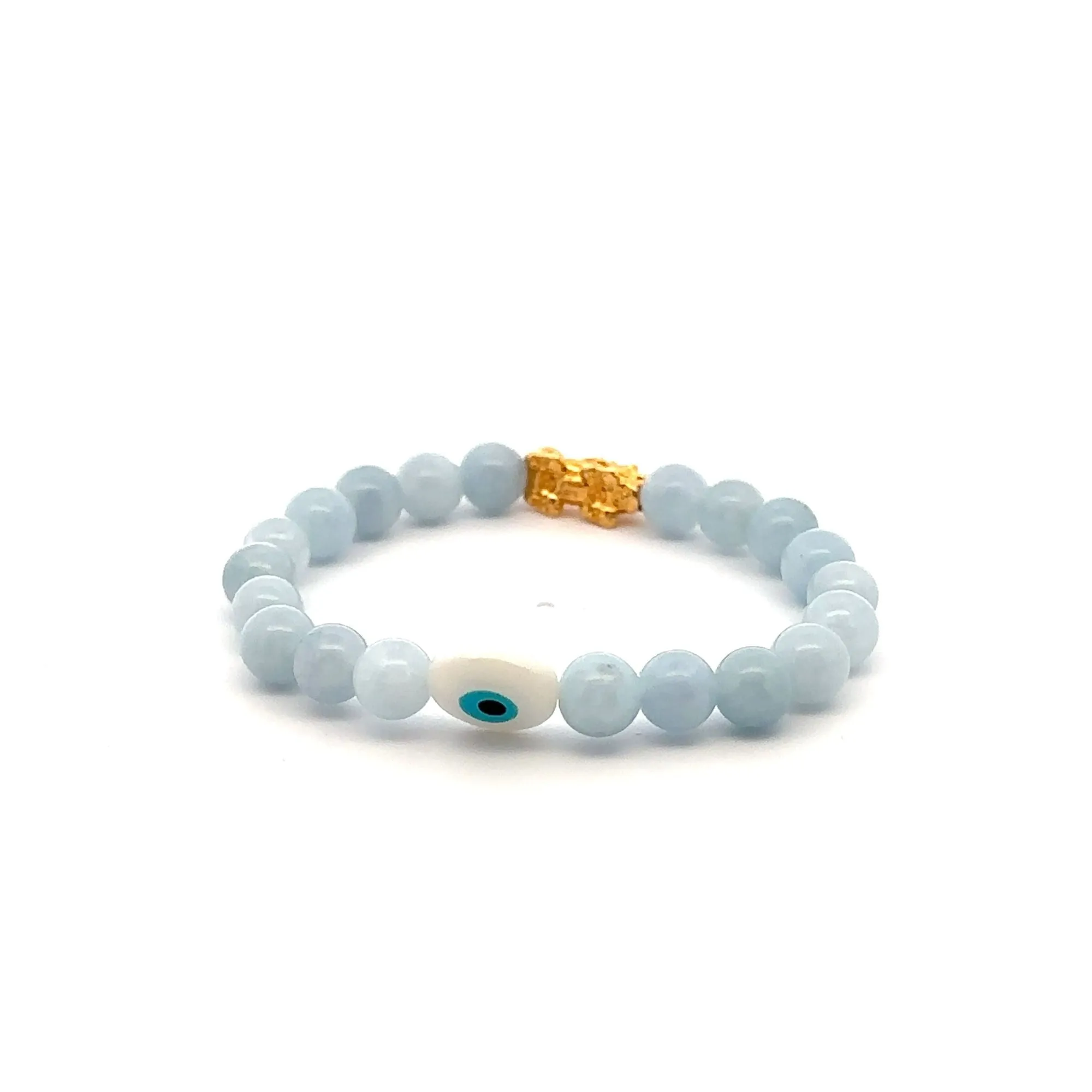 18K Gold Pixiu Piyao Bracelet Natural Gemstones Aquamarine 6mm Evil Eye MOP