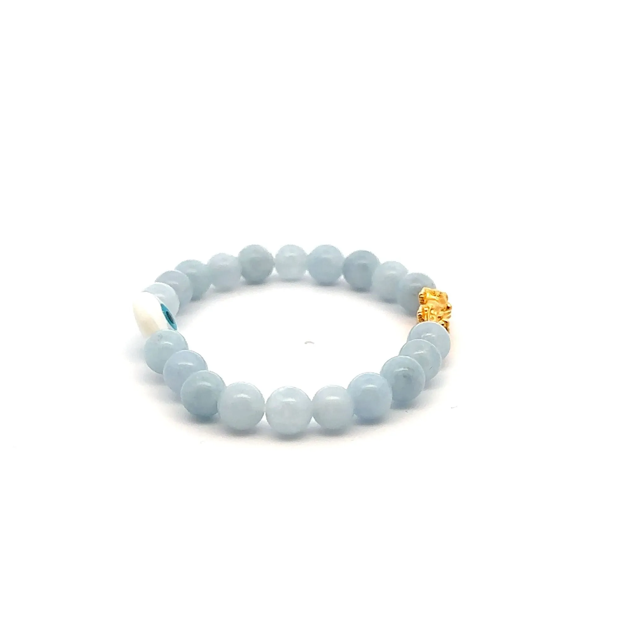 18K Gold Pixiu Piyao Bracelet Natural Gemstones Aquamarine 6mm Evil Eye MOP