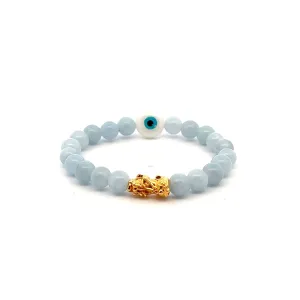 18K Gold Pixiu Piyao Bracelet Natural Gemstones Aquamarine 6mm Evil Eye MOP