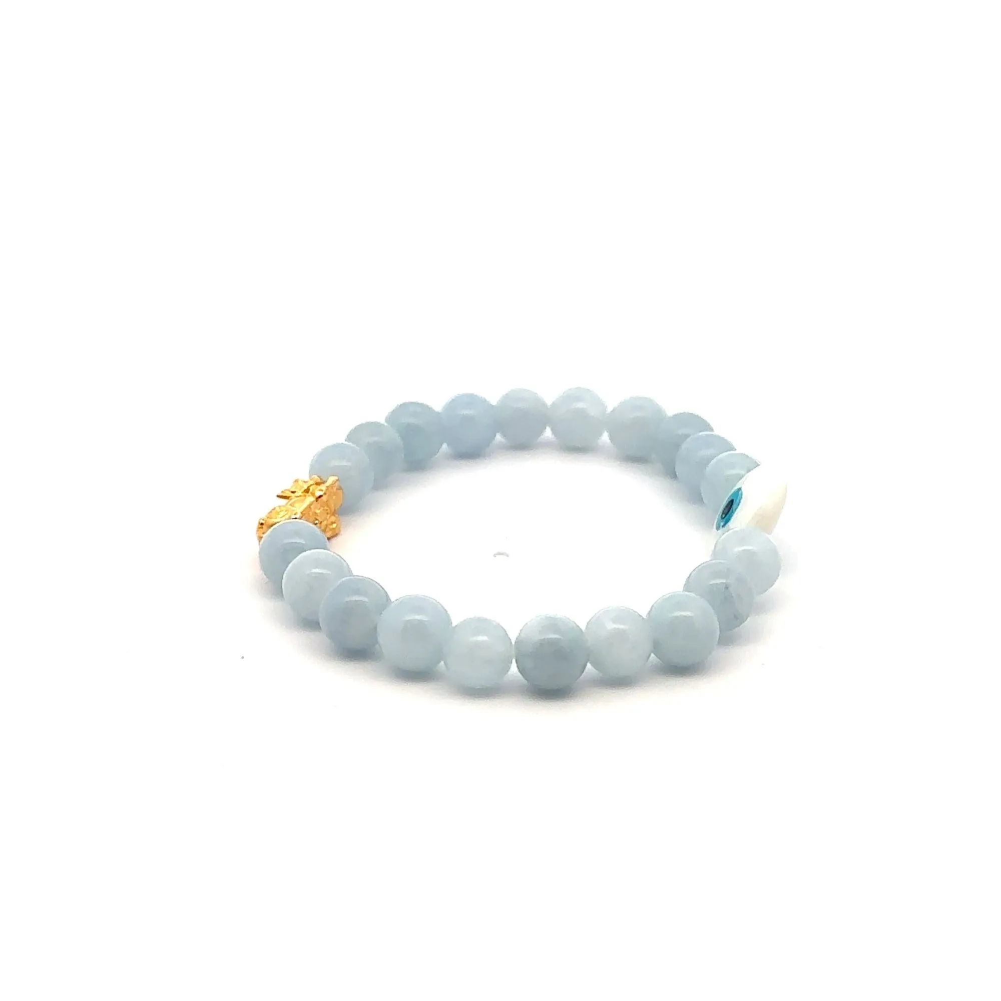 18K Gold Pixiu Piyao Bracelet Natural Gemstones Aquamarine 6mm Evil Eye MOP