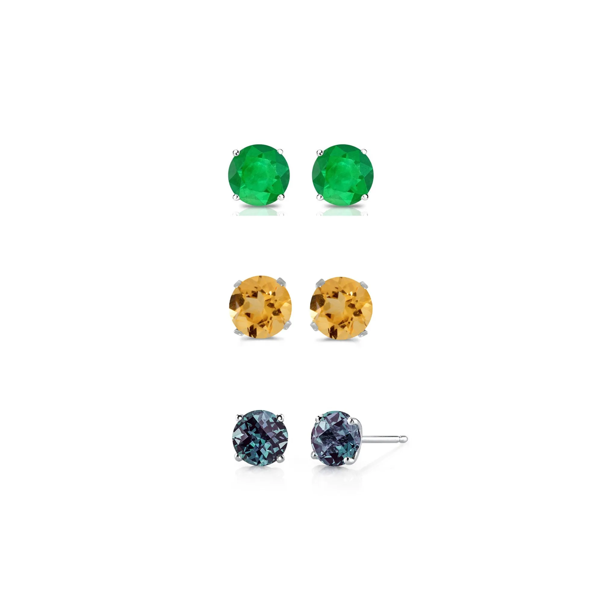 18k White Gold Plated 4Ct Created Emerald, Citrine and Alexandrite 3 Pair Round Stud Earrings