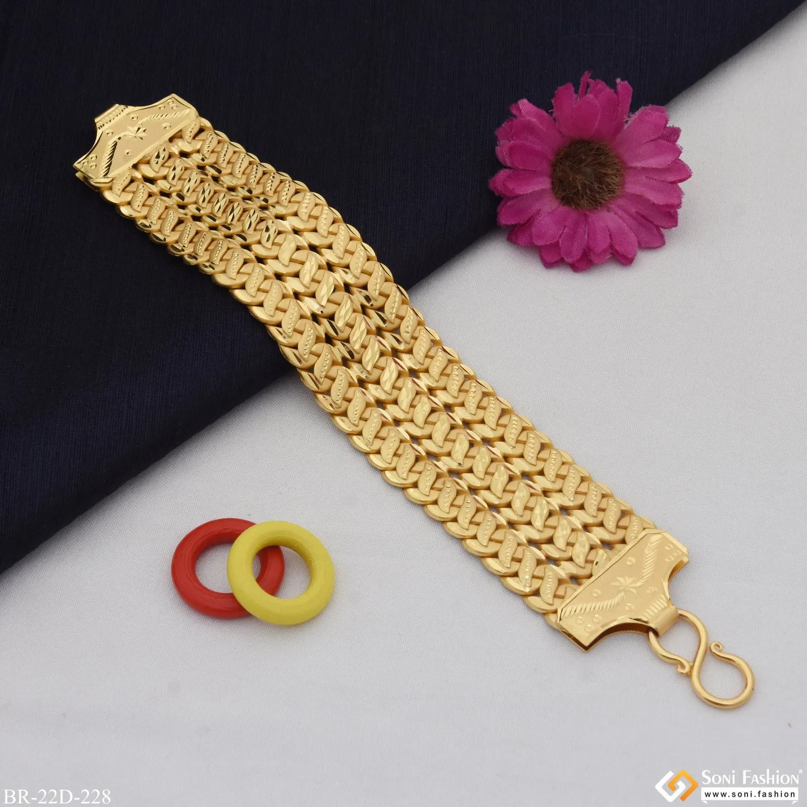3 Line Hand-Crafted Design Gold Plated Pokal Bracelet for Men - Style D228