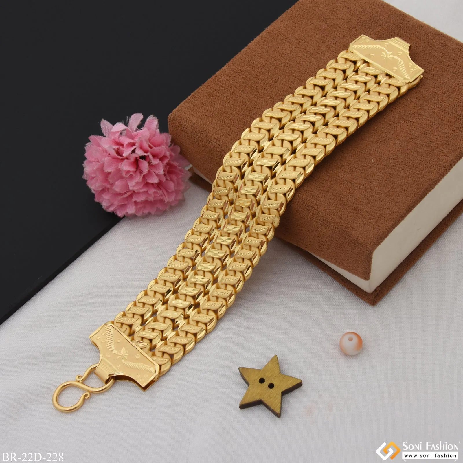 3 Line Hand-Crafted Design Gold Plated Pokal Bracelet for Men - Style D228