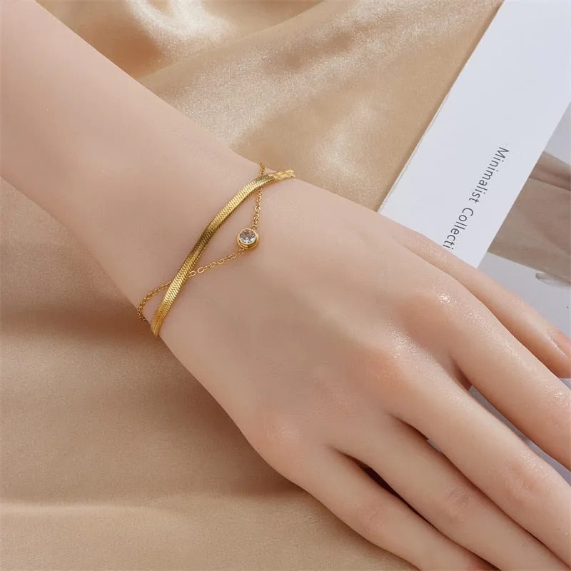 316L Stainless Steel Double Layer White Zircon Charm Bracelet For Women