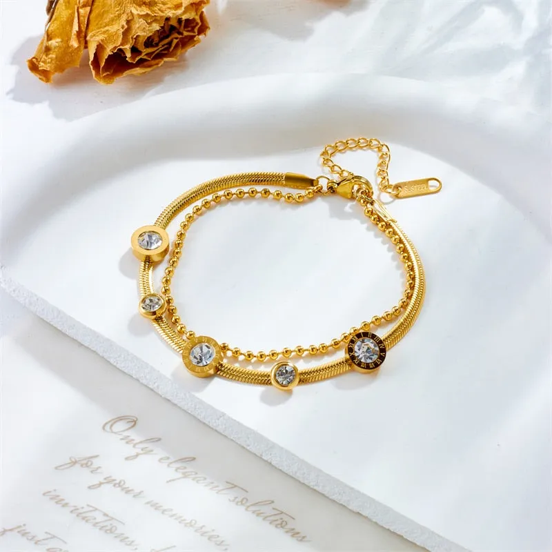 316L Stainless Steel Round Roman Numerals White Zircon Bracelet For Women