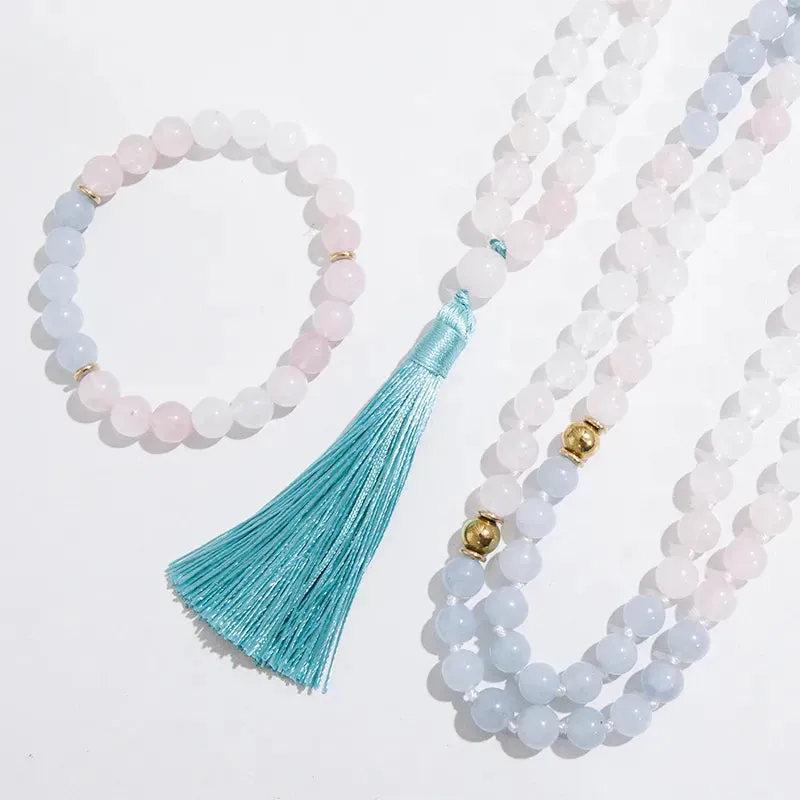 8mm Rose Quartz White Jade Aquamarine Knotted Meditation Yoga Blessing Bracelet Jewelry Rosary Sets
