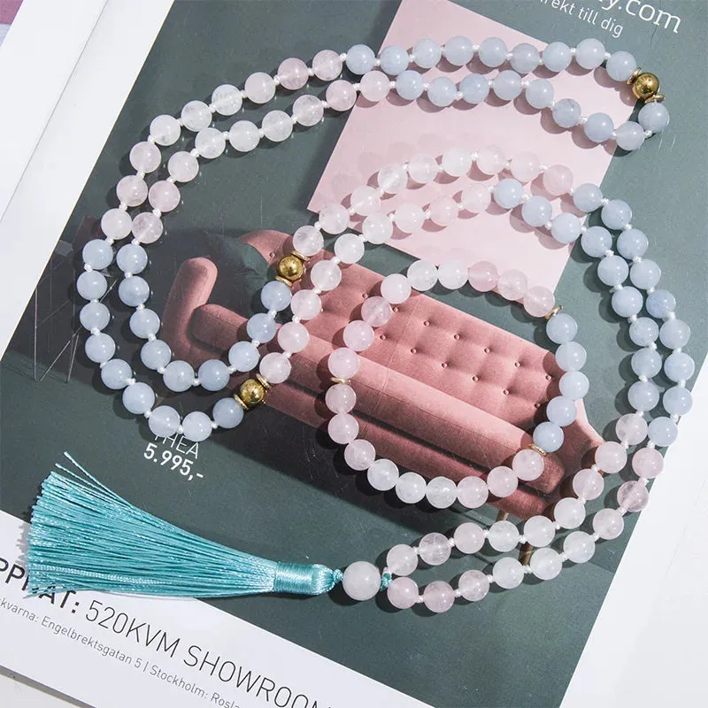 8mm Rose Quartz White Jade Aquamarine Knotted Meditation Yoga Blessing Bracelet Jewelry Rosary Sets