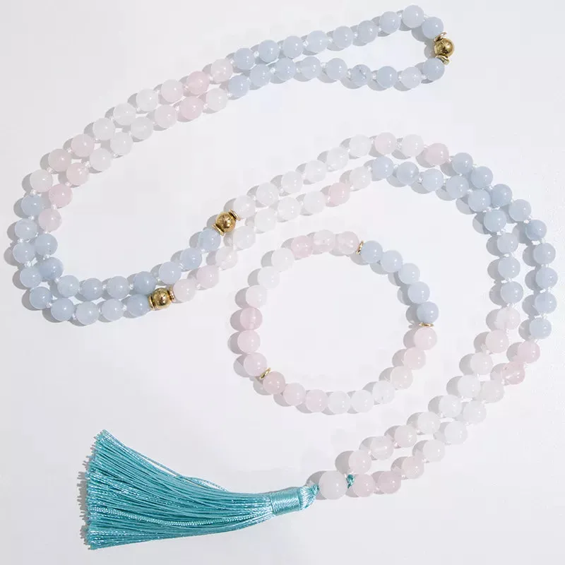 8mm Rose Quartz White Jade Aquamarine Knotted Meditation Yoga Blessing Bracelet Jewelry Rosary Sets