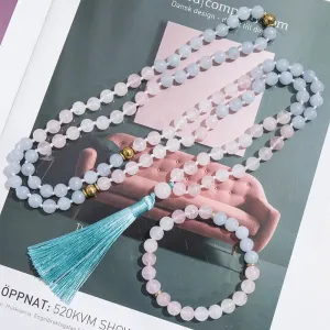 8mm Rose Quartz White Jade Aquamarine Knotted Meditation Yoga Blessing Bracelet Jewelry Rosary Sets