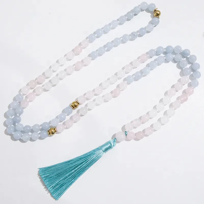 8mm Rose Quartz White Jade Aquamarine Knotted Meditation Yoga Blessing Bracelet Jewelry Rosary Sets