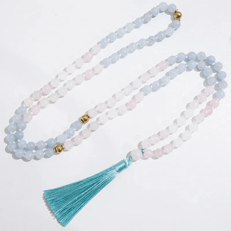8mm Rose Quartz White Jade Aquamarine Knotted Meditation Yoga Blessing Bracelet Jewelry Rosary Sets