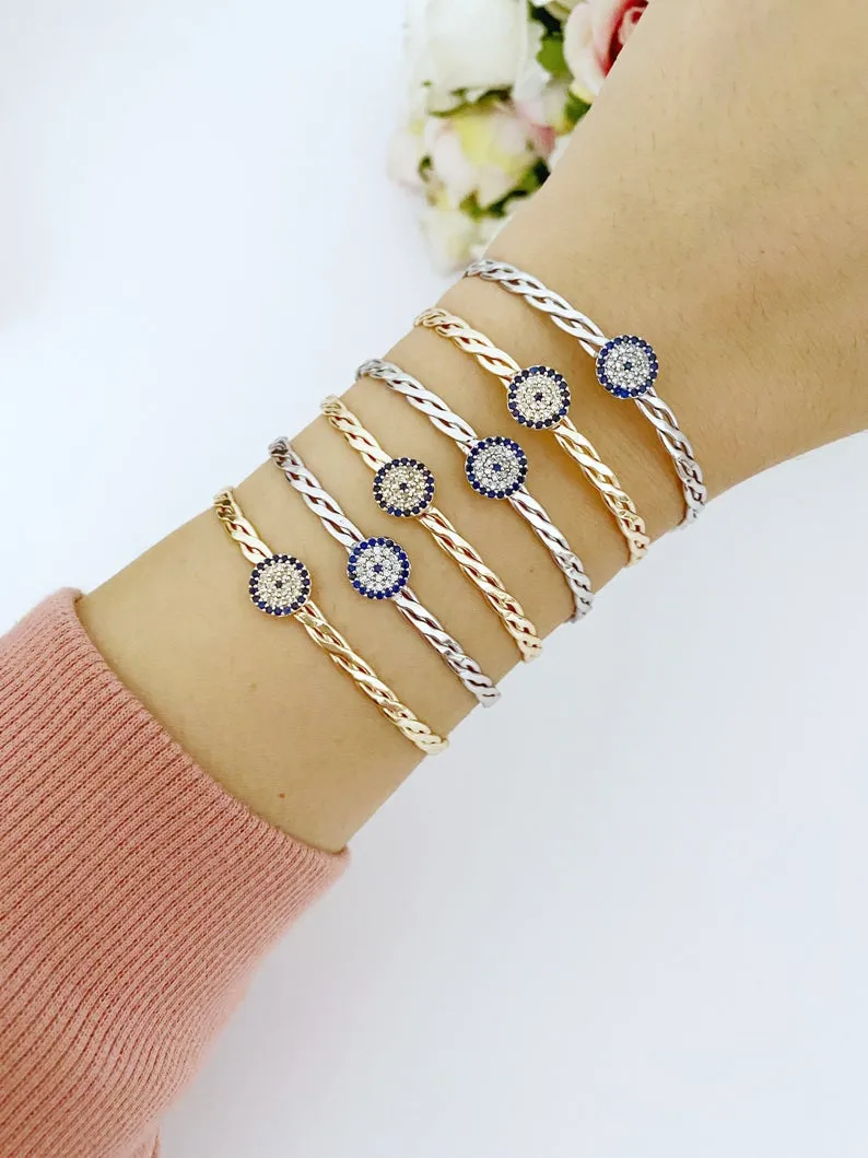 Adjustable Evil Eye Bangle Bracelet with Zircon Charm - Tarnish Resistant Stainless Steel Jewelry for Everyone