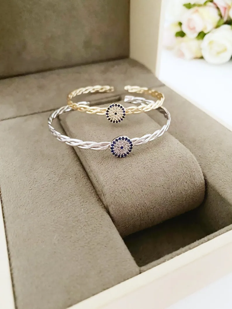Adjustable Evil Eye Bangle Bracelet with Zircon Charm - Tarnish Resistant Stainless Steel Jewelry for Everyone