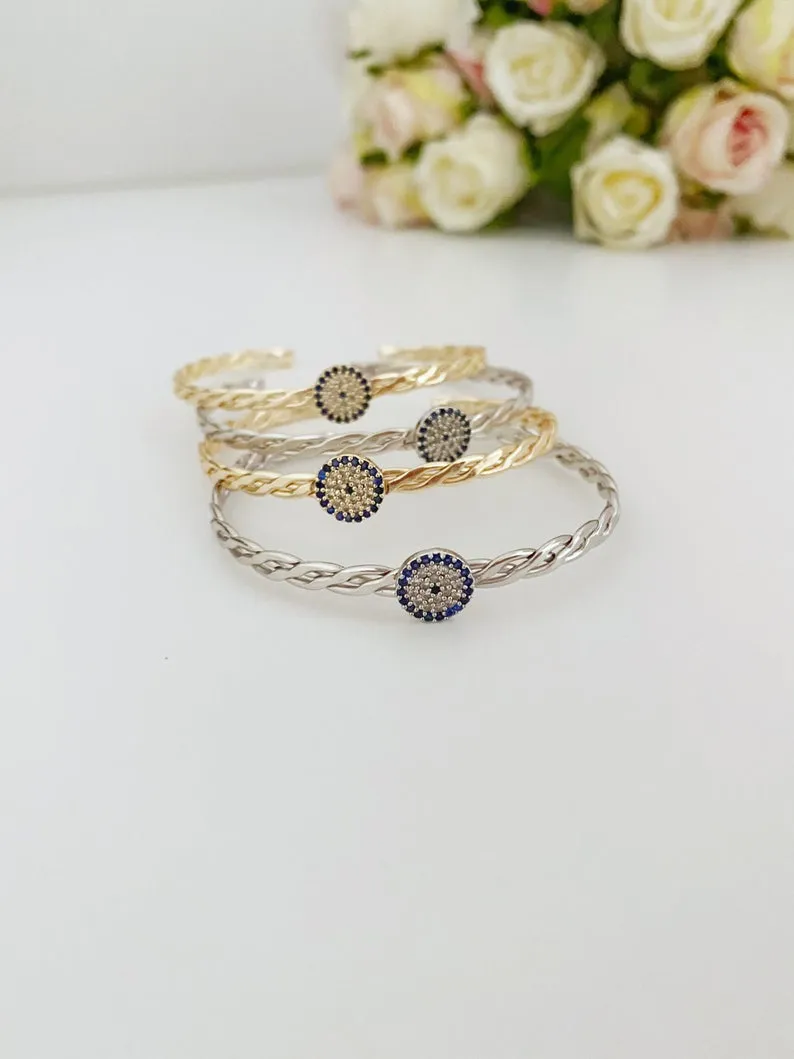 Adjustable Evil Eye Bangle Bracelet with Zircon Charm - Tarnish Resistant Stainless Steel Jewelry for Everyone