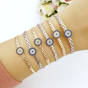 Adjustable Evil Eye Bangle Bracelet with Zircon Charm - Tarnish Resistant Stainless Steel Jewelry for Everyone