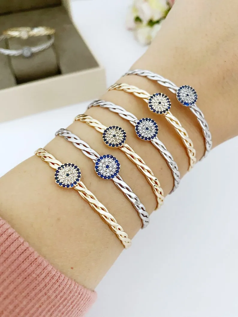 Adjustable Evil Eye Bangle Bracelet with Zircon Charm - Tarnish Resistant Stainless Steel Jewelry for Everyone