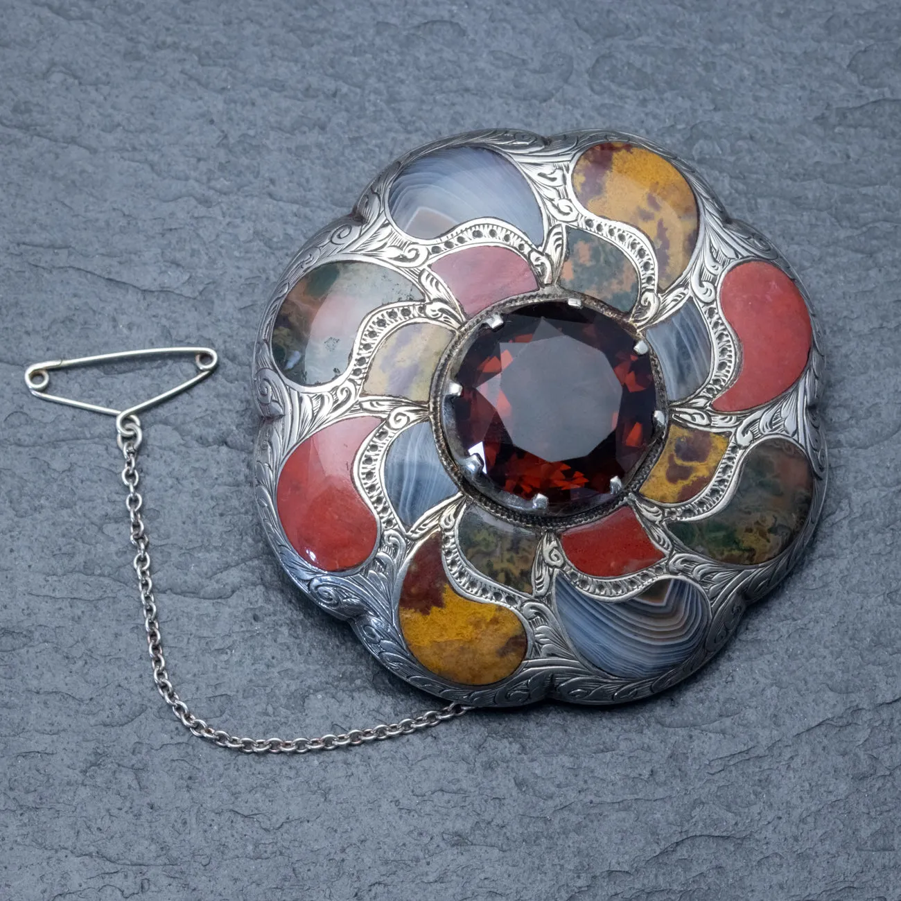 Antique Victorian 15Ct Citrine Scottish Agate Brooch Silver Circa 1860
