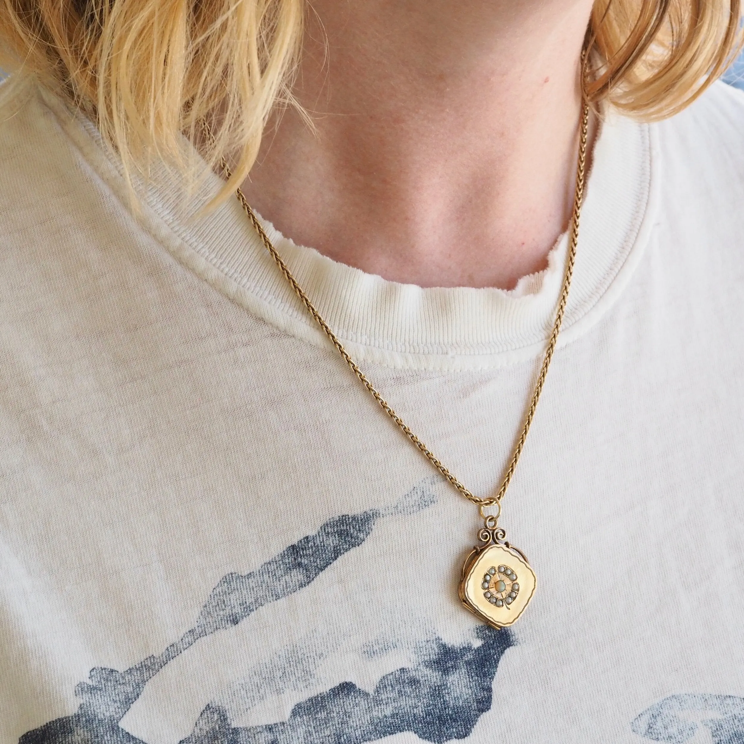 Antique Victorian Gold Back & Front Seed Pearl and Natural Opal Locket
