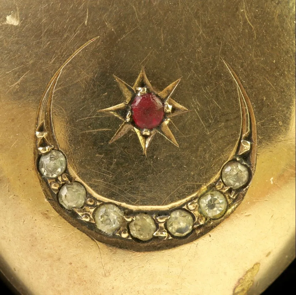 Antique Victorian Gold Heart Locket Star And Crescent Ruby