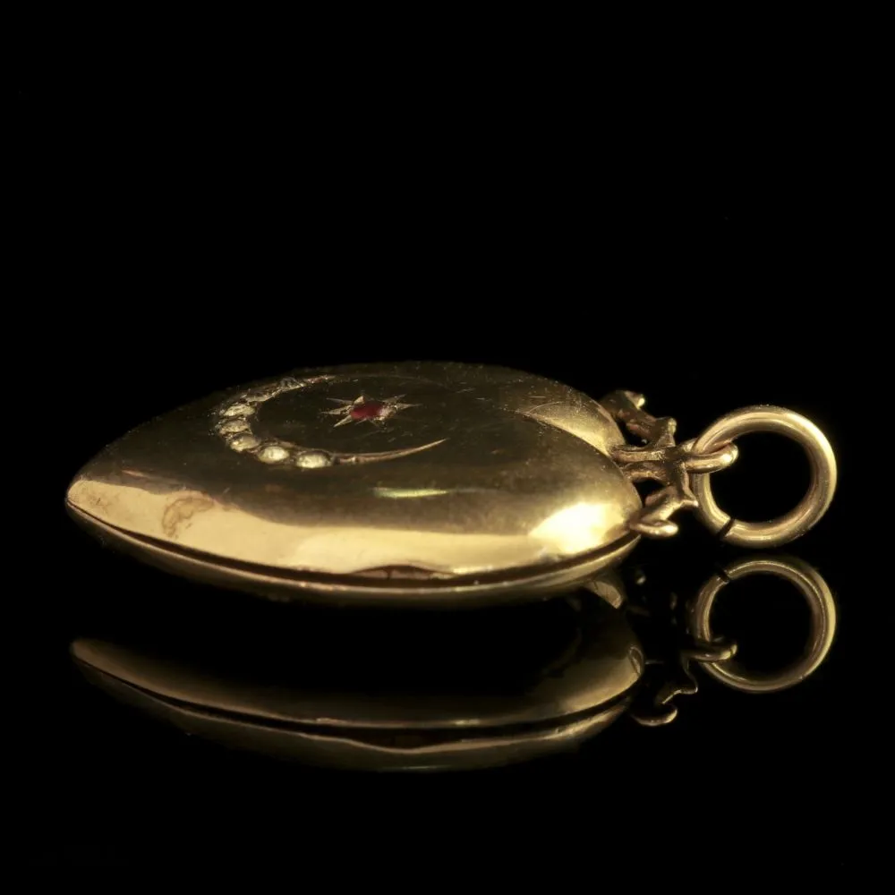 Antique Victorian Gold Heart Locket Star And Crescent Ruby