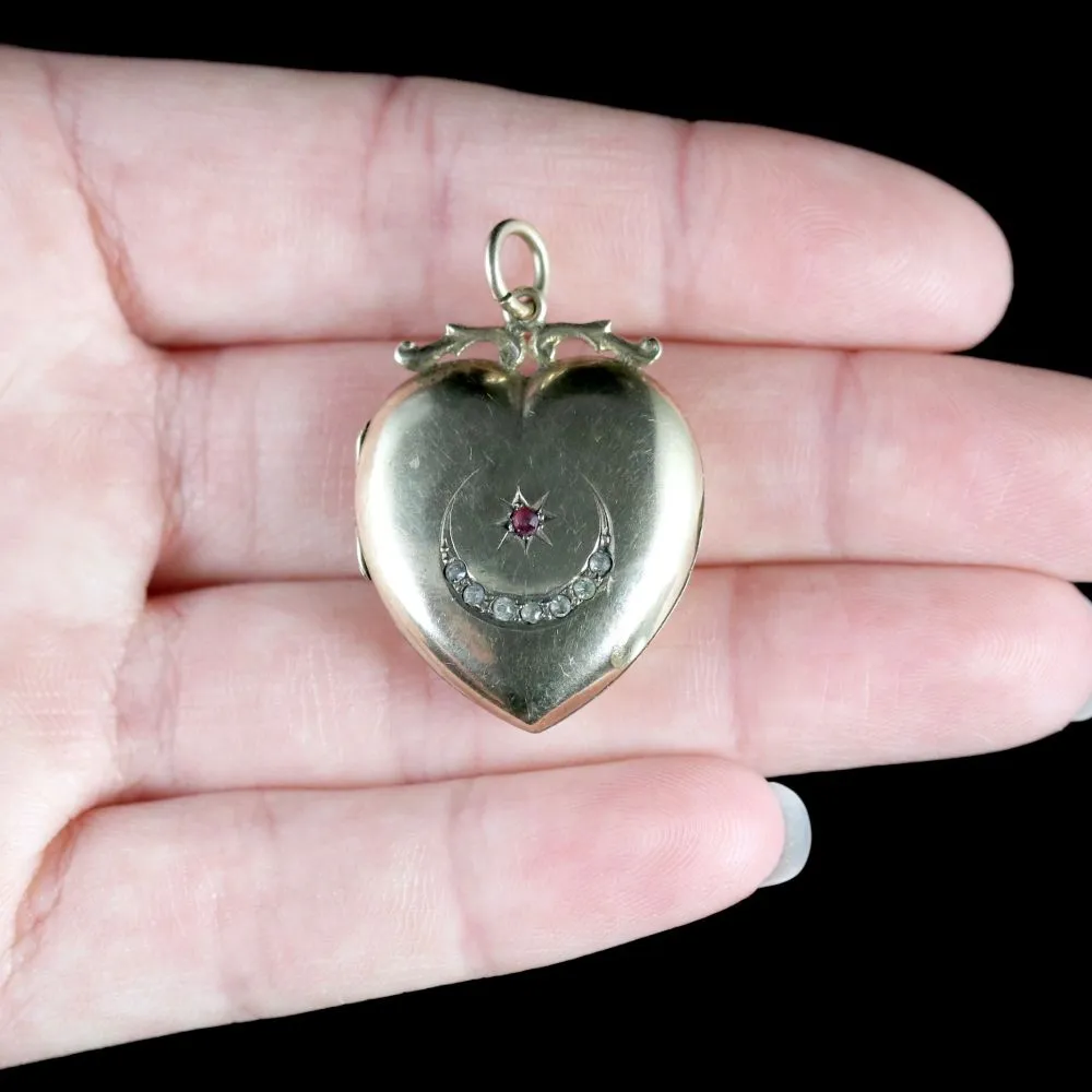 Antique Victorian Gold Heart Locket Star And Crescent Ruby