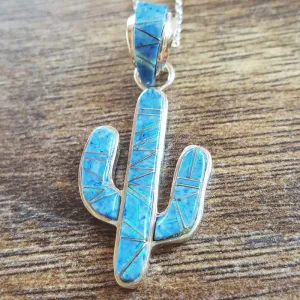 Arizona Turquoise and Inlaid Jewelry Denim Lapis Lazuli and Created Opal Saguaro Cactus Pendant