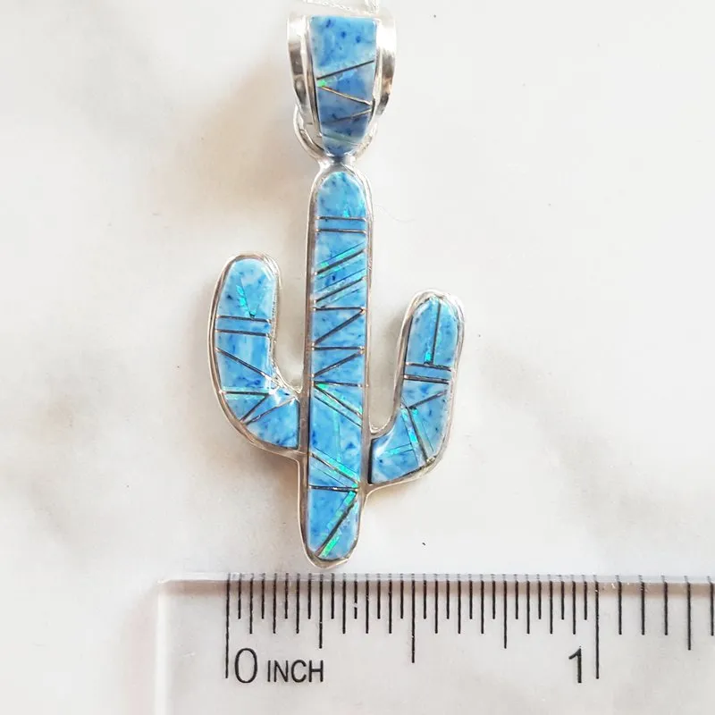 Arizona Turquoise and Inlaid Jewelry Denim Lapis Lazuli and Created Opal Saguaro Cactus Pendant
