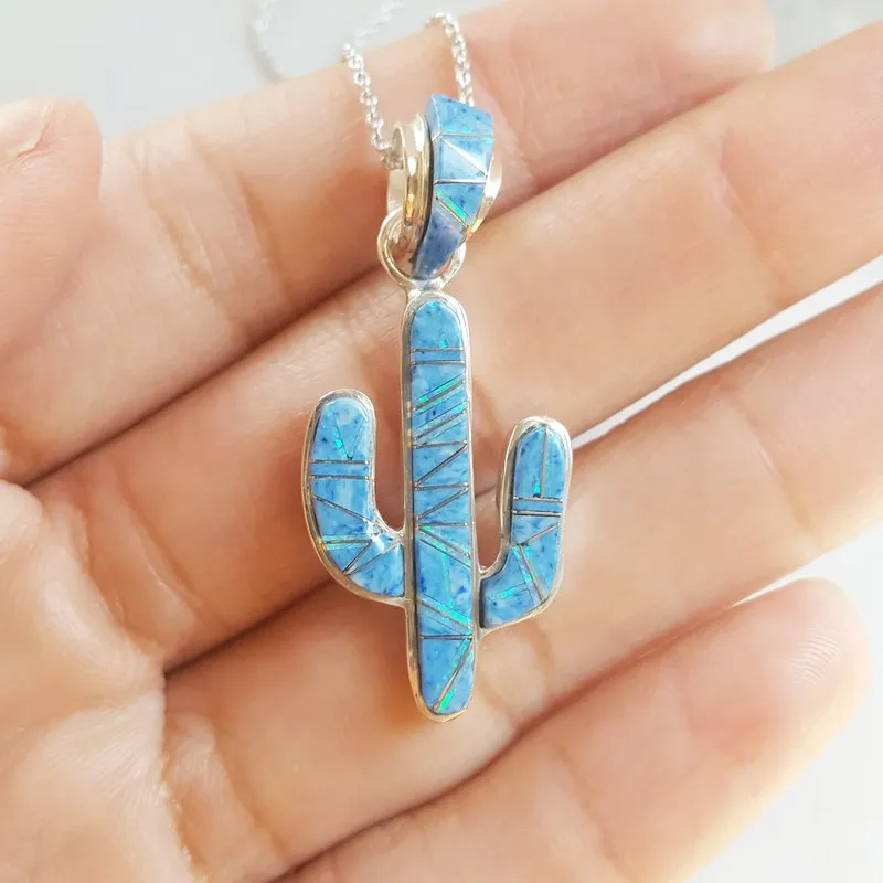 Arizona Turquoise and Inlaid Jewelry Denim Lapis Lazuli and Created Opal Saguaro Cactus Pendant