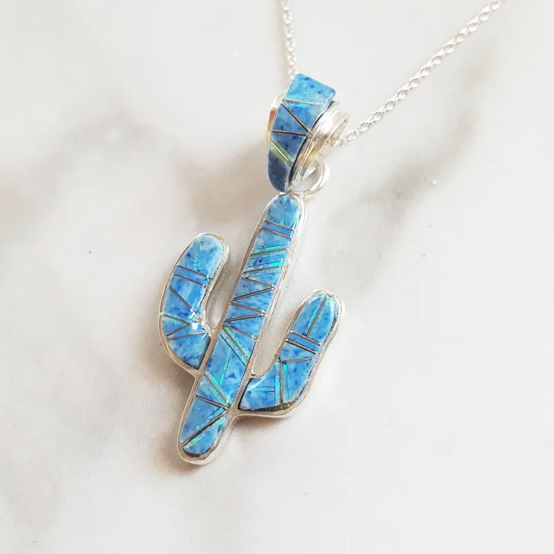 Arizona Turquoise and Inlaid Jewelry Denim Lapis Lazuli and Created Opal Saguaro Cactus Pendant