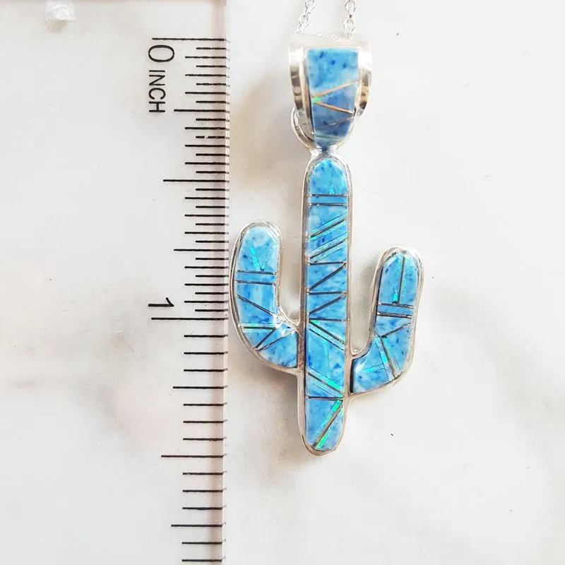Arizona Turquoise and Inlaid Jewelry Denim Lapis Lazuli and Created Opal Saguaro Cactus Pendant