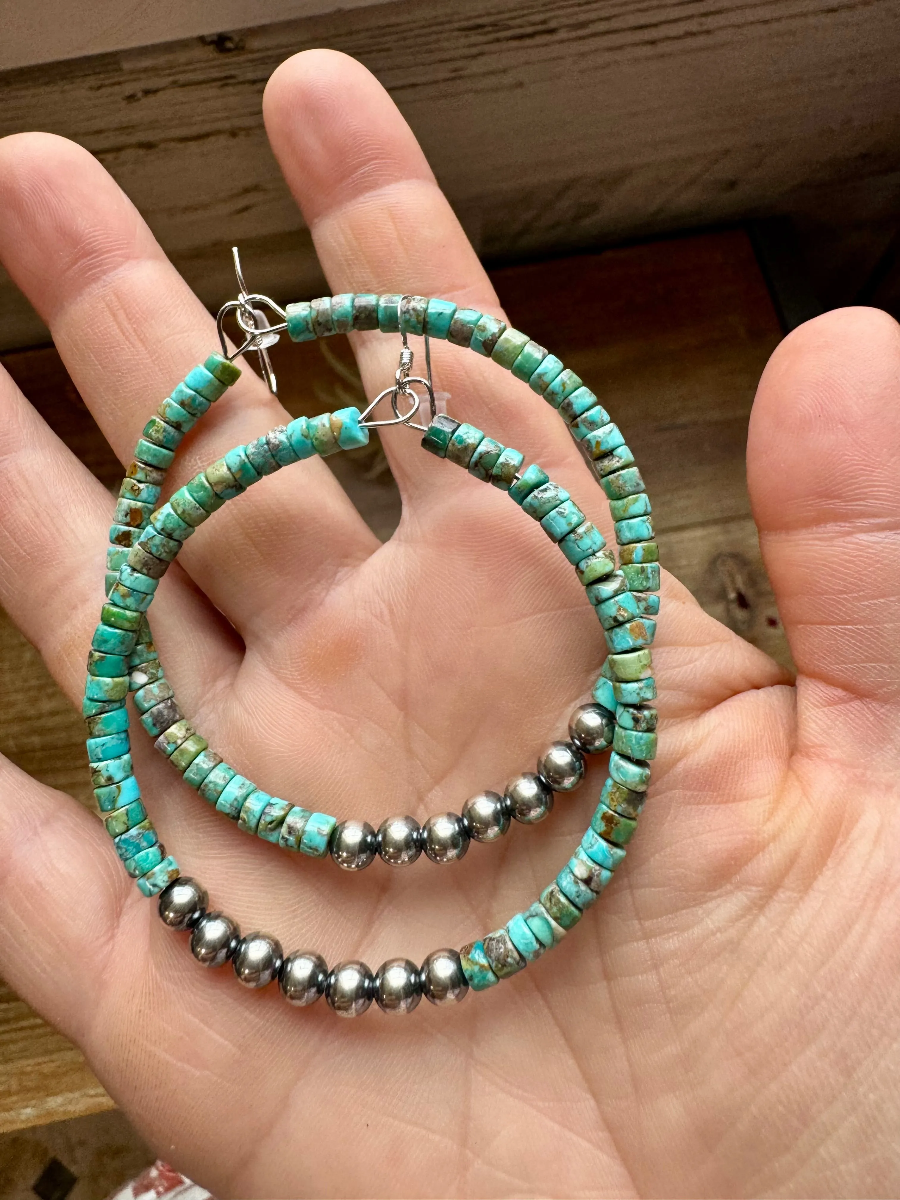 Big turquoise hoops earrings with sterling silver pearl