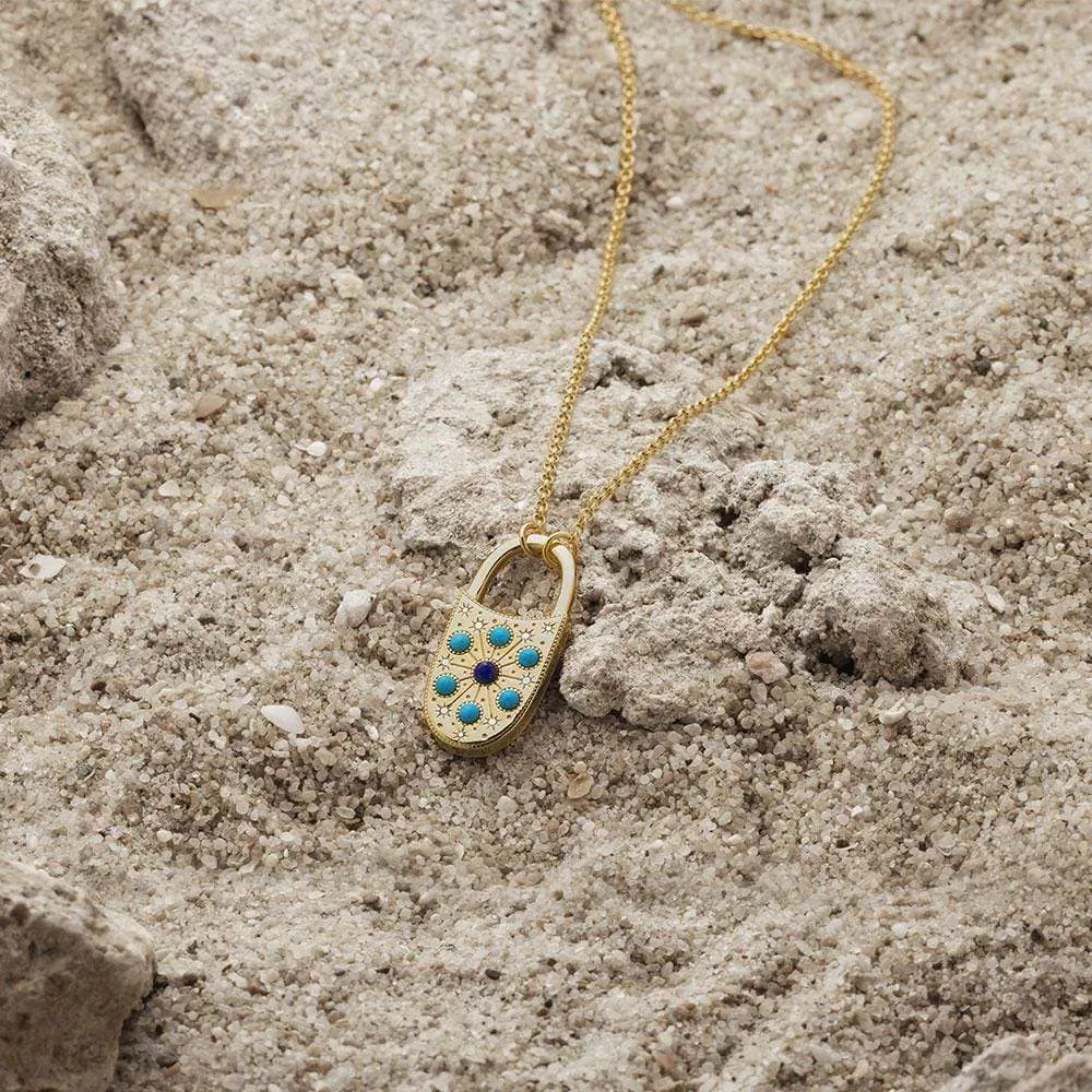 Blue Stone Lock Pendant Adjustable Necklace - Yellow Silver