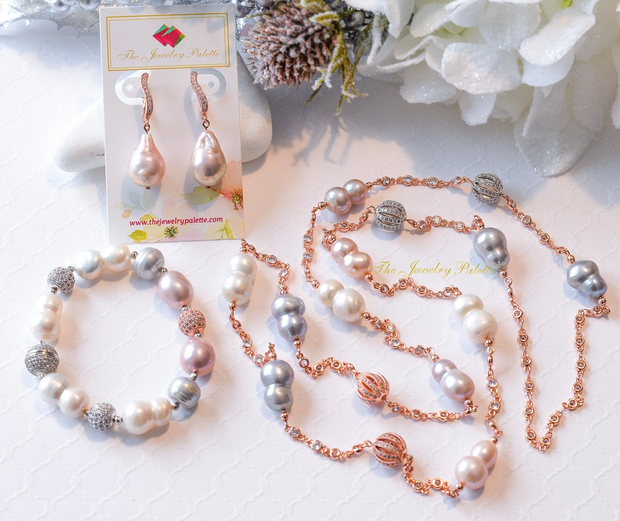 Eloise lavender, grey and white lustrous pearl chain necklace