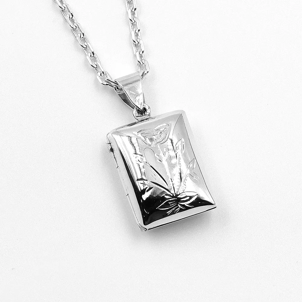 Flower Rectangular Silver Locket Pendant