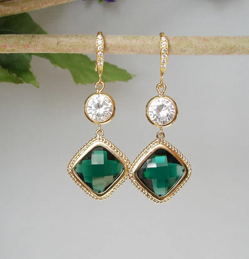 Gold Framed Emerald Bridal Square and Clear Cubic Zirconia Wedding Earrings.