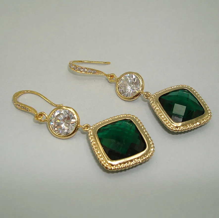 Gold Framed Emerald Bridal Square and Clear Cubic Zirconia Wedding Earrings.