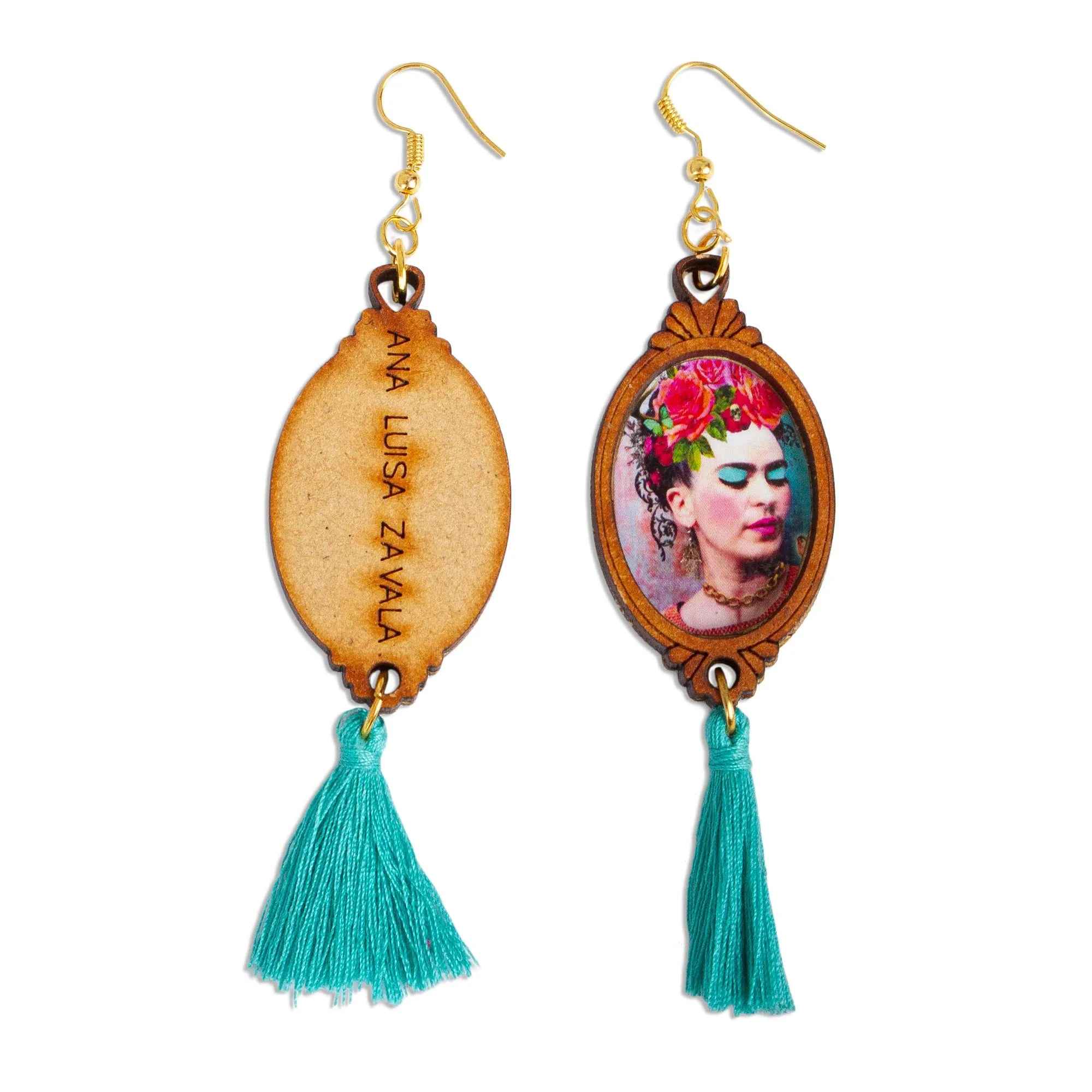 Handcrafted Frida Kahlo Wood Dangle Earrings Aqua Tassels - Brilliant Frida | NOVICA