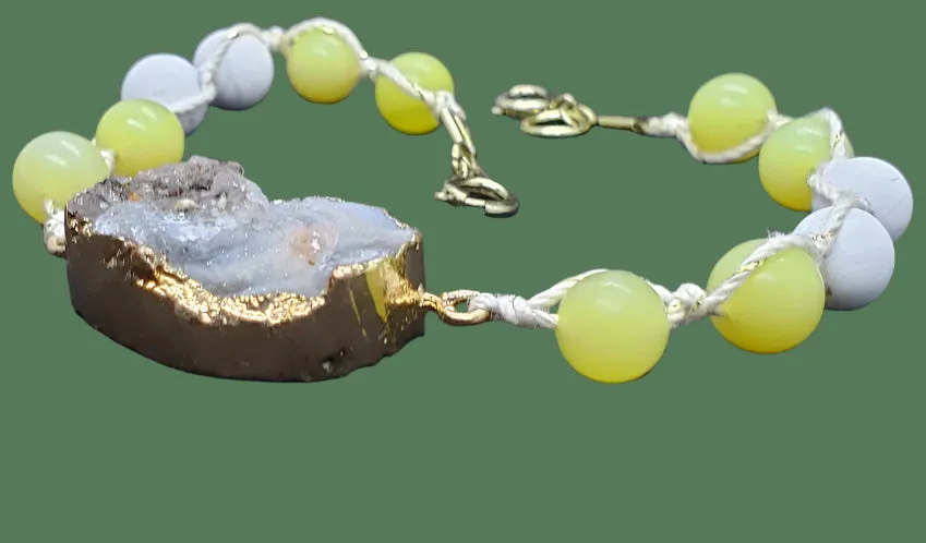 Handmade Bracelet Yellow Peridot and White Howlite Bead Bracelet with Gray Agate Druzy Slice