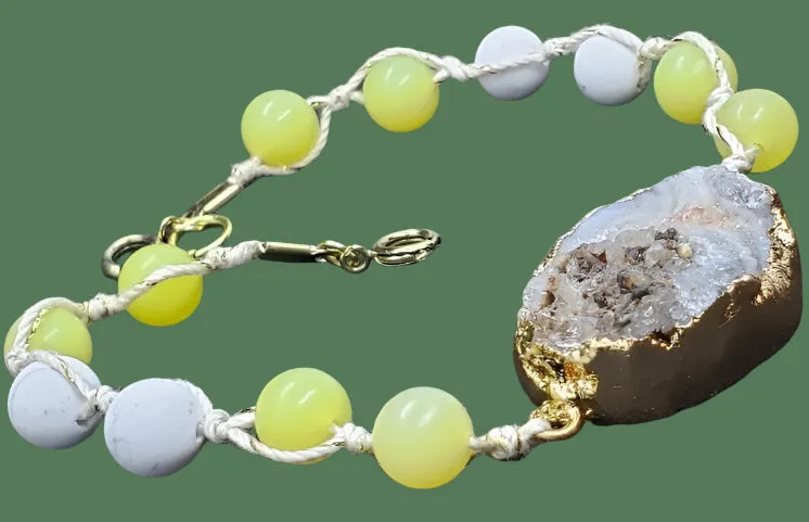 Handmade Bracelet Yellow Peridot and White Howlite Bead Bracelet with Gray Agate Druzy Slice