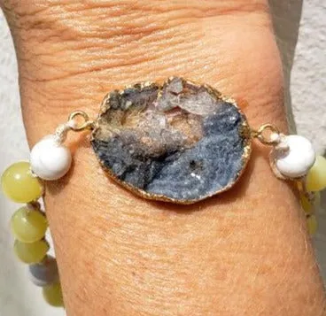 Handmade Bracelet Yellow Peridot and White Howlite Bead Bracelet with Gray Agate Druzy Slice
