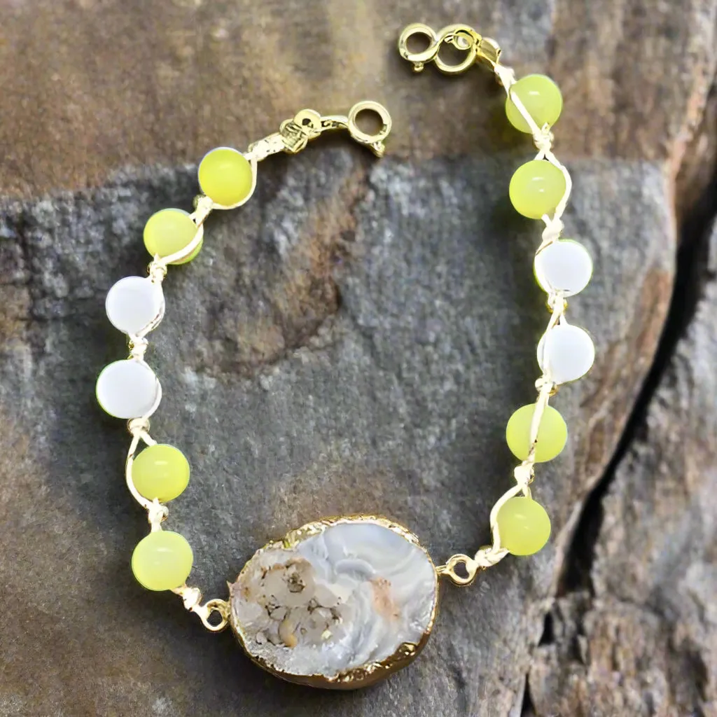 Handmade Bracelet Yellow Peridot and White Howlite Bead Bracelet with Gray Agate Druzy Slice
