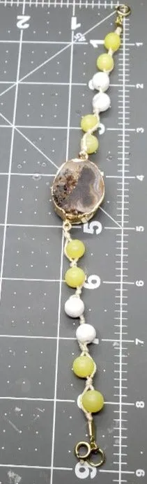 Handmade Bracelet Yellow Peridot and White Howlite Bead Bracelet with Gray Agate Druzy Slice