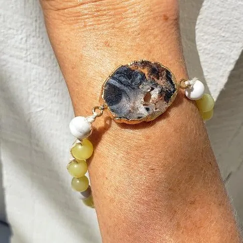Handmade Bracelet Yellow Peridot and White Howlite Bead Bracelet with Gray Agate Druzy Slice