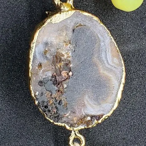 Handmade Bracelet Yellow Peridot and White Howlite Bead Bracelet with Gray Agate Druzy Slice
