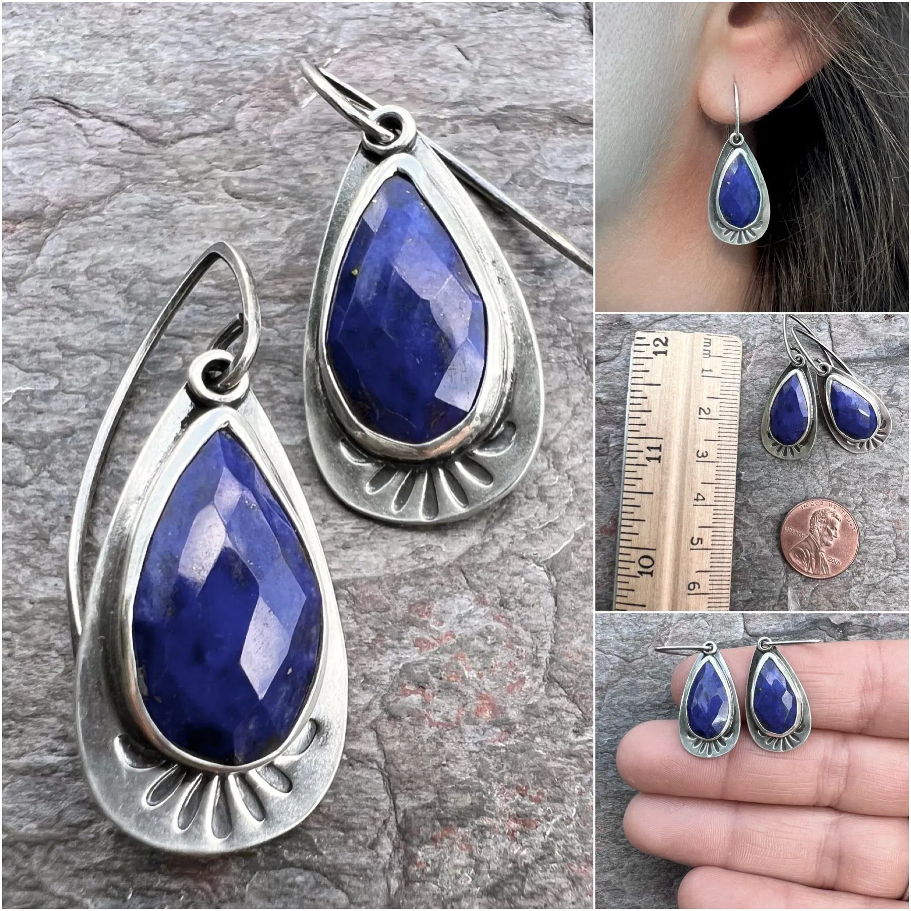 Lapis Lazuli Sterling Silver Teardrop Earrings - Handmade One-of-a-kind Earrings
