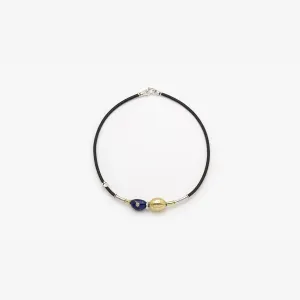 Leather Necklace with Gold Elements, Silver, Lapis Lazuli & Diamonds - C2147LA
