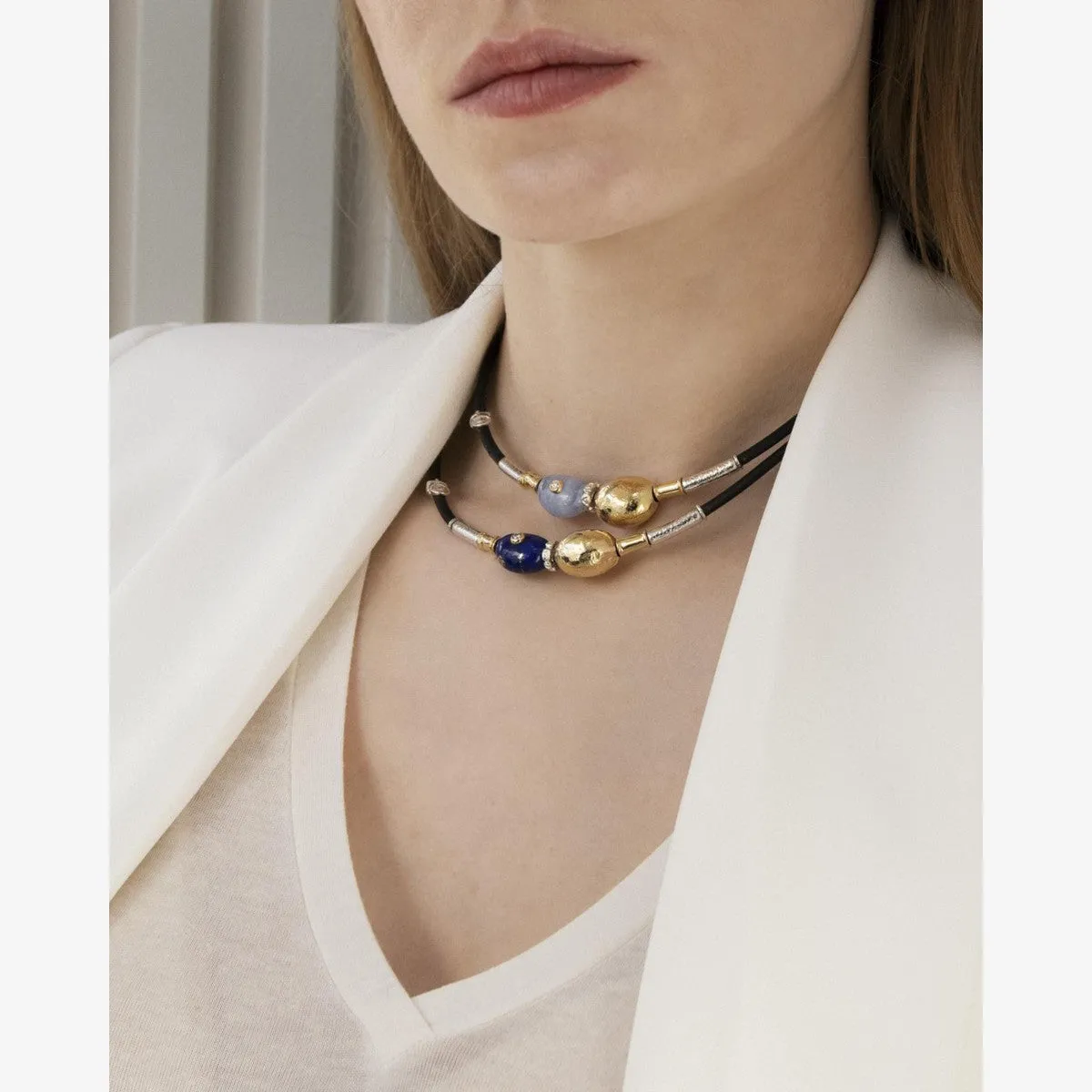 Leather Necklace with Gold Elements, Silver, Lapis Lazuli & Diamonds - C2147LA